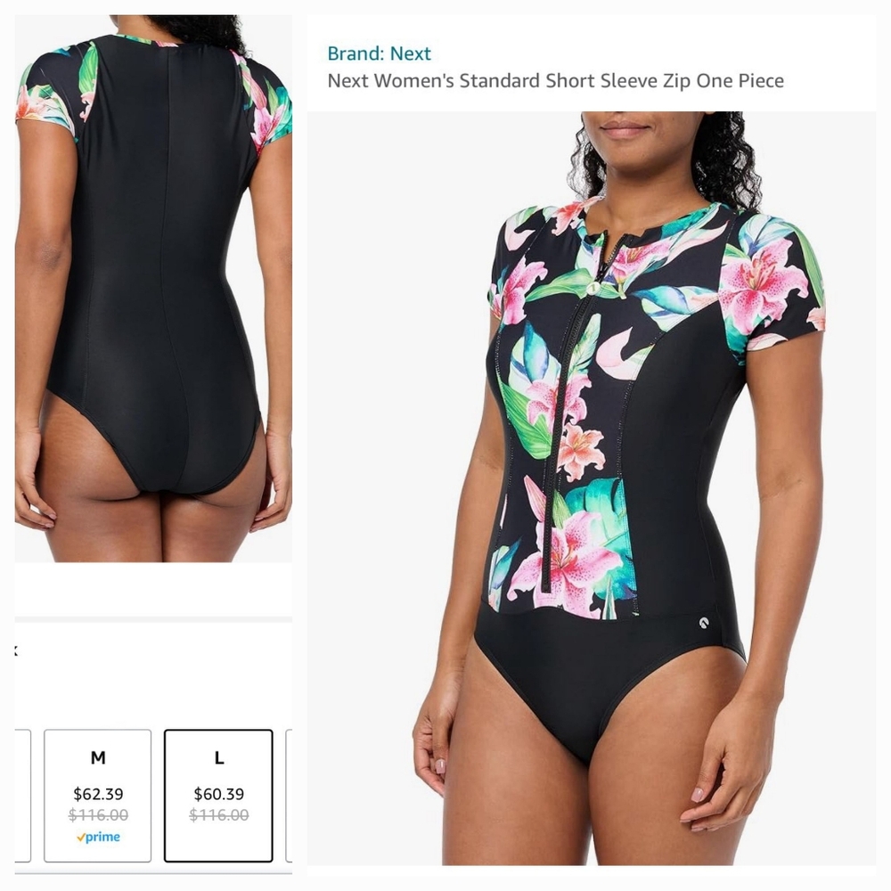 Next One Piece Shirt Sleeve Zip Swimsuit - Picture 3 of 3